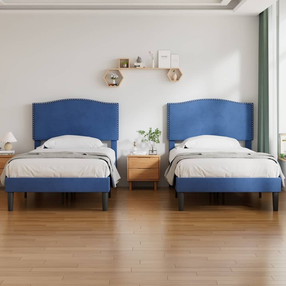 VCCELO 2-Pack Twin Size Bed Frame with Adjustable Headboard Noise-Free Twin Size Bed Set of 2 for Kids Room Dorm Apartments