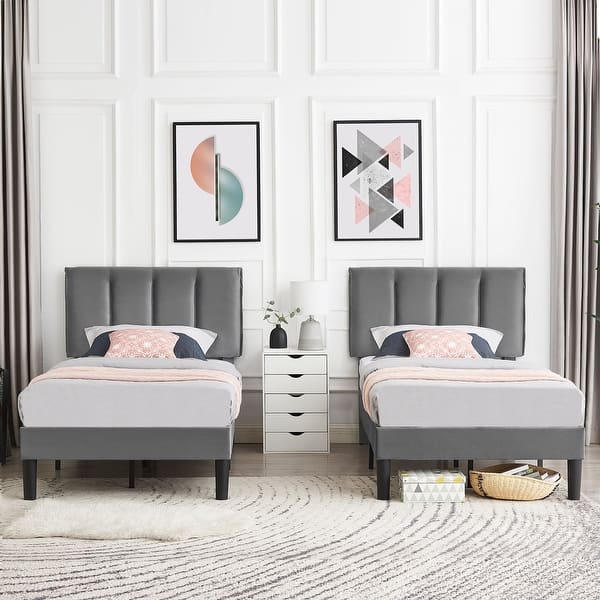 slide 2 of 72, Kids Bed Frame, Height Adjustable Upholstered Bed, Twin Size Bed Set of 2