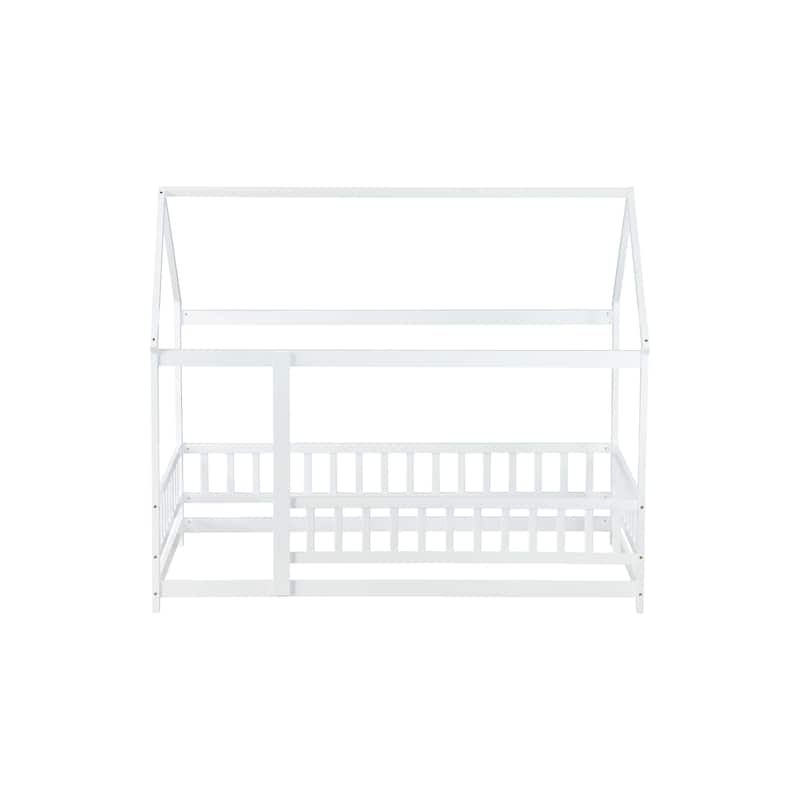 Twin Size Wooden Floor Bed with Roof Frame and Guardrails, Montessori Style Kids House Bed