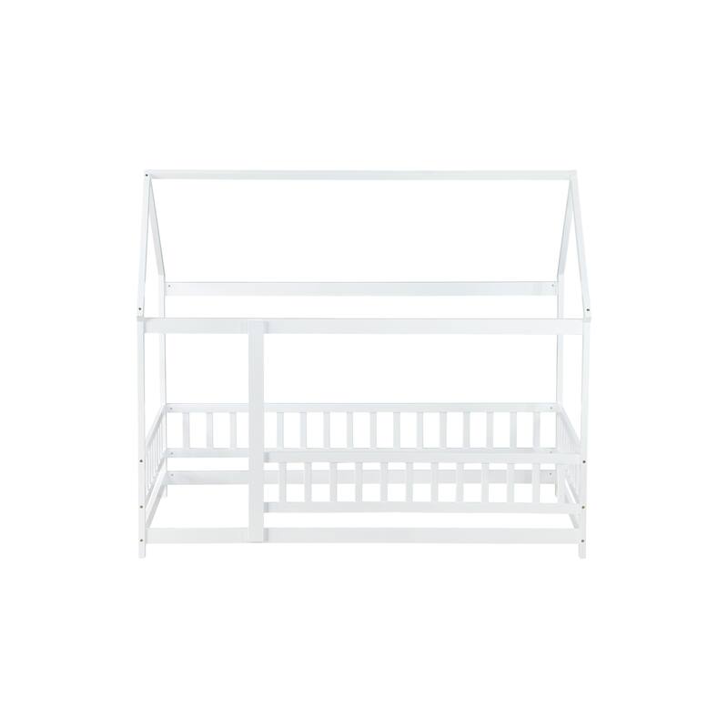 Twin Size Wooden House Floor Bed with Roof Frame and Safety Guardrails