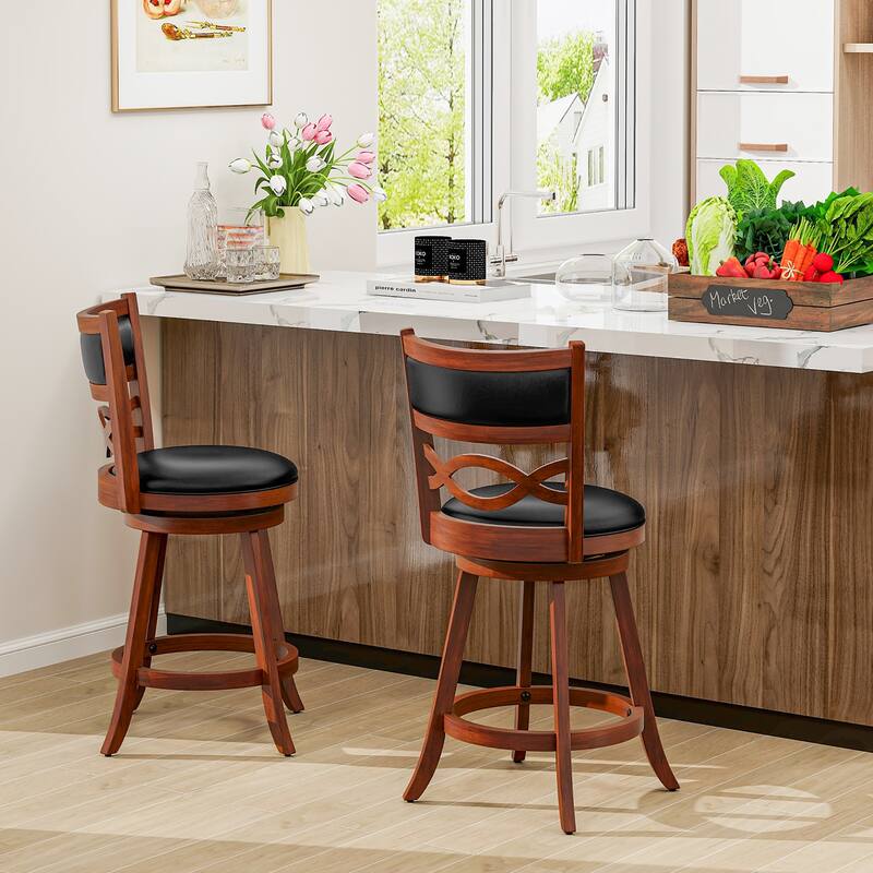 Gymax 24 Inch Bar Stools Set of 4 w/ Rubber Wood Frame Faux Leather