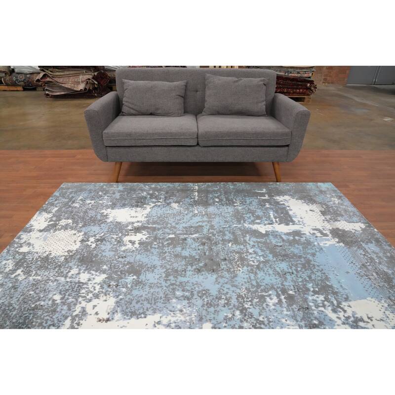 Hand Knotted Oriental Viscose Silk Carpet Modern Abstract Navy Blue & Blues Abstract Area Rug - 7' 5'' X 5' 4''