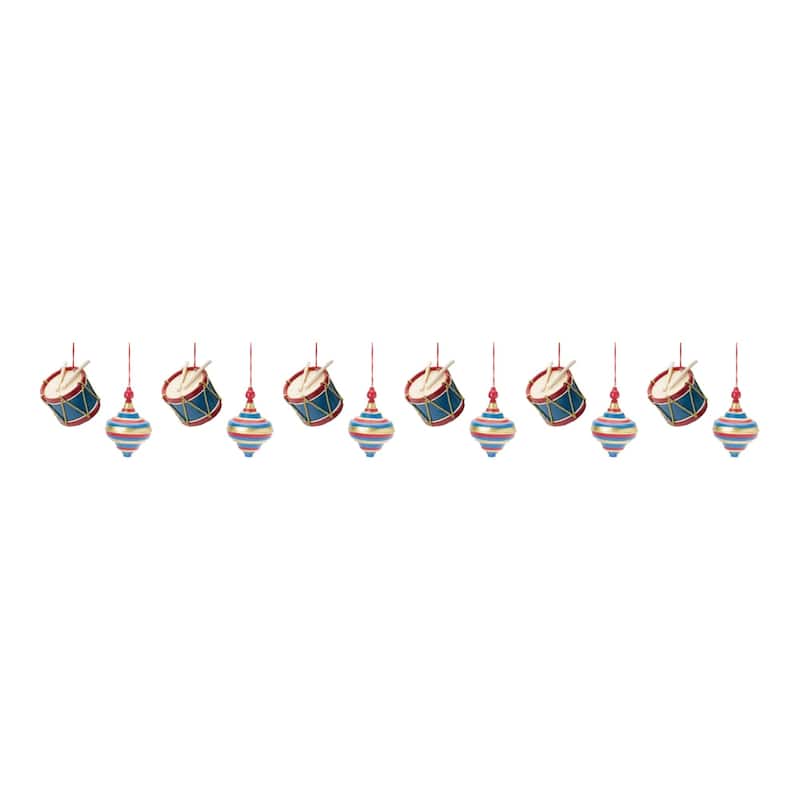 Club 12 Red Blue Toy Drum Top Spinner Christmas Ornaments 3.75"