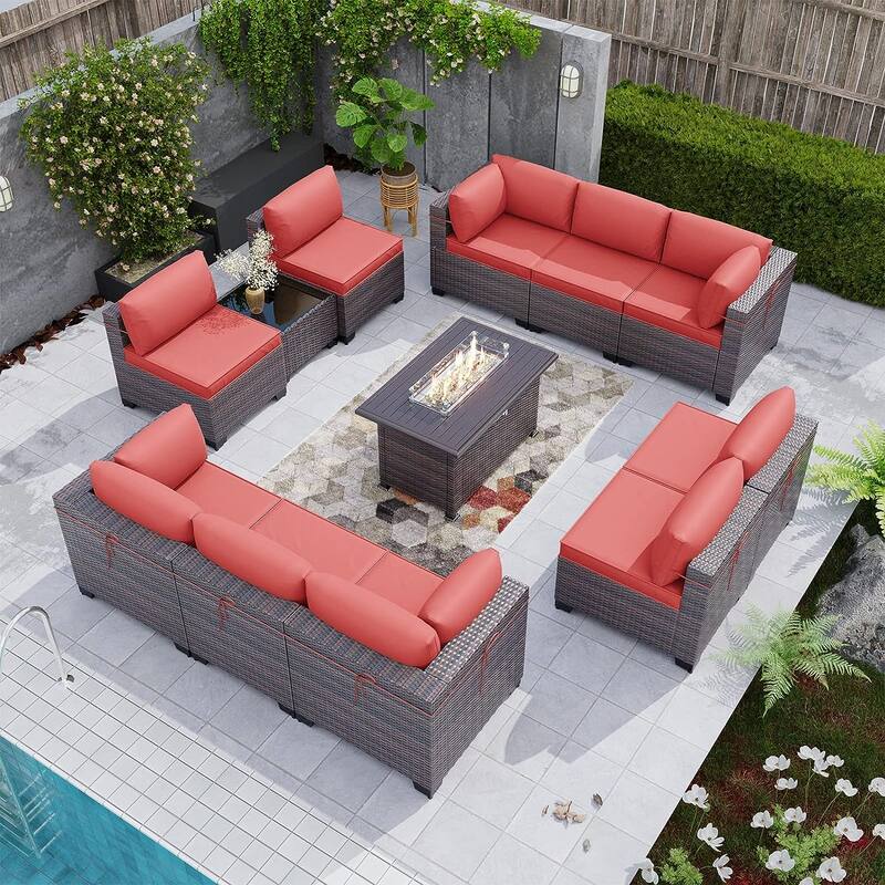 Kullavik 12 Piece Outdoor Patio Furniture Set with Fire Pit Table - Red