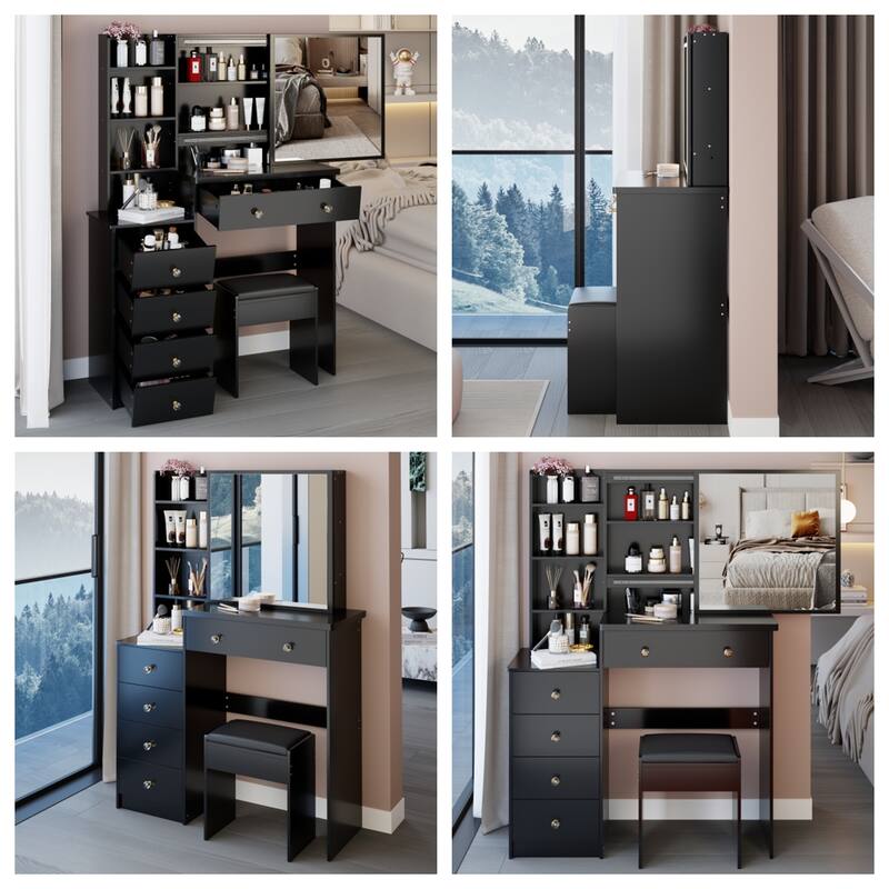 37" Full-Size Vanity Set with Sliding Mirror & Cushioned Stool