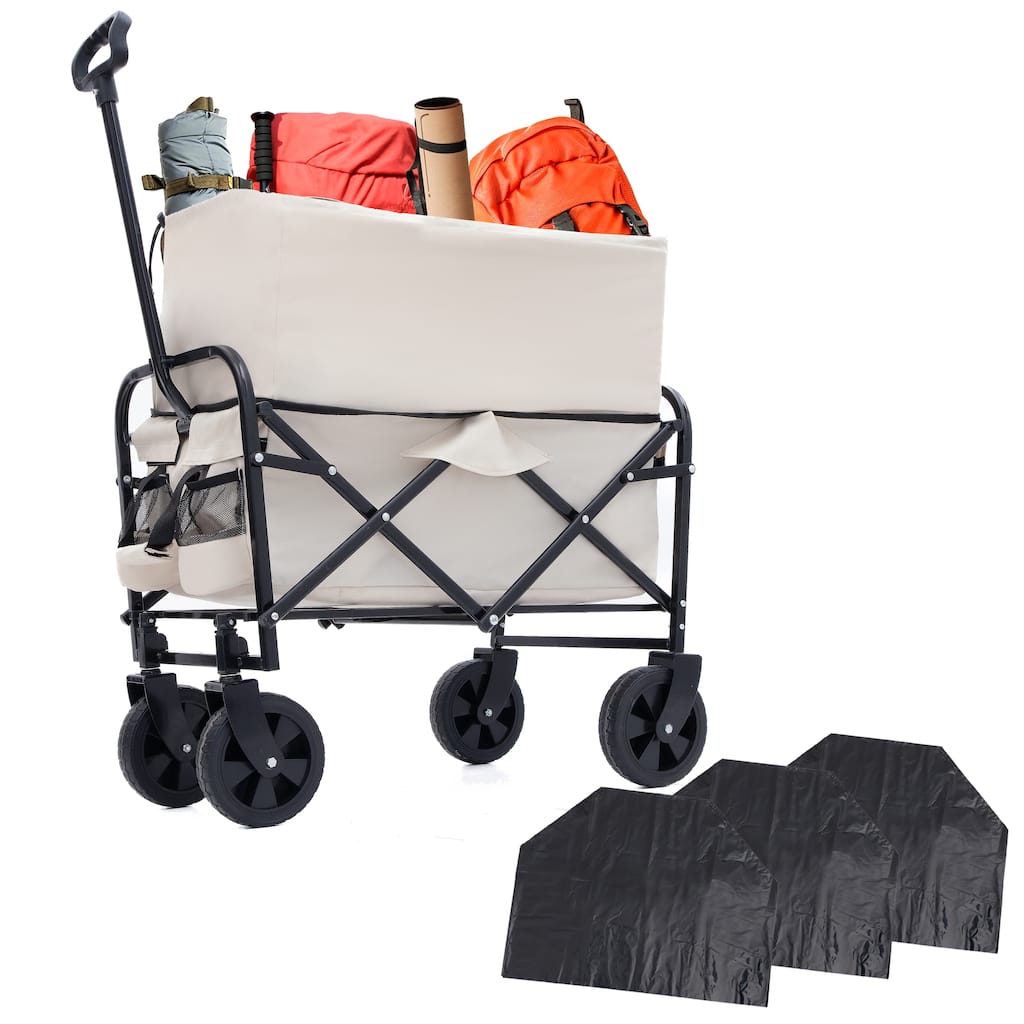 Heavy-Duty Collapsible Wagon with 3-Piece Multi-Use Bag Set - Utility Cart with Liner Covers, Cream