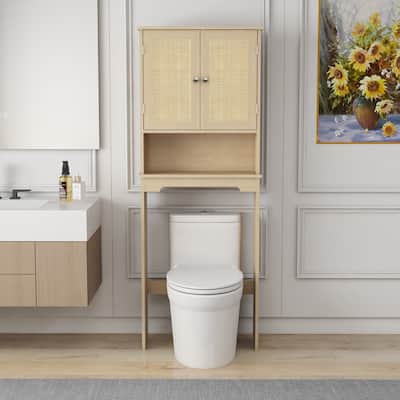 Over The Toilet Bathroom Cabinet with Rattan Doors & Adjustable Shelves, Natural Wood Finish
