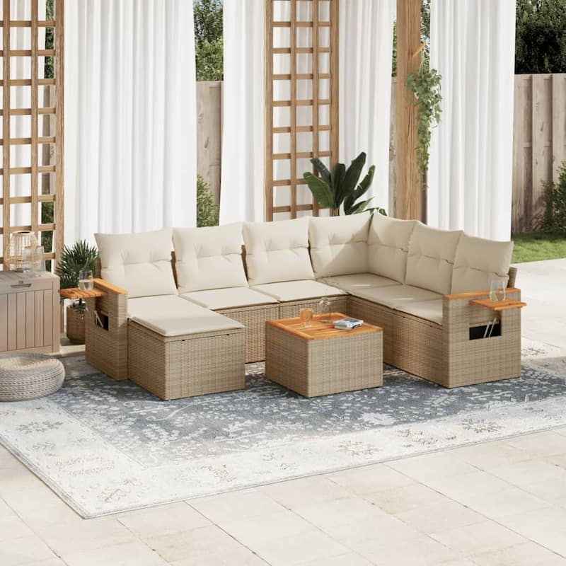 vidaXL Patio Sofa Set with Cushions Outdoor Conversation Furniture Poly Rattan - 21.7 x 21.7 x 14.6 in - Beige and cream with table