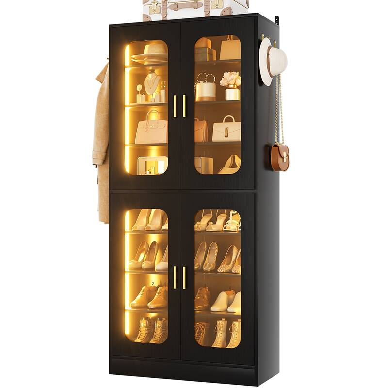 8-Tier Shoe Cabinet with LED Light, 32 Pairs Tall Shoe Storage Organizer with Side Hooks