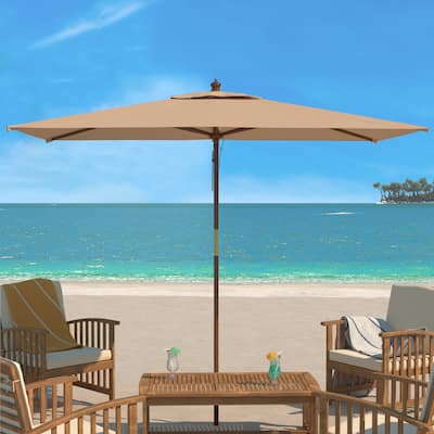 SAFAVIEH Mikalah 10 Foot Rectangle Wooden Pulley Market Umbrella