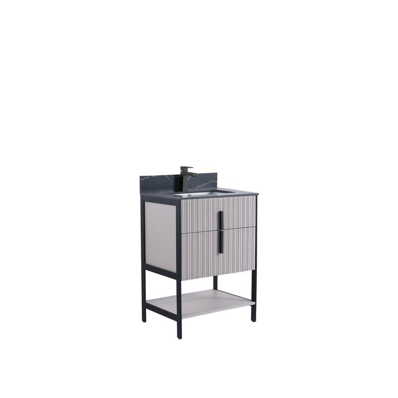Fine Fixtures Serenity Modern Bathroom Vanity with Black Sintered Stone Top - Bright Taupe - Black Hardware - 24 inch