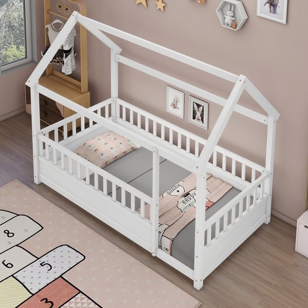 slide 2 of 22, Twin House Floor Bed with Fence & Roof - Safe for Toddlers & Kids White