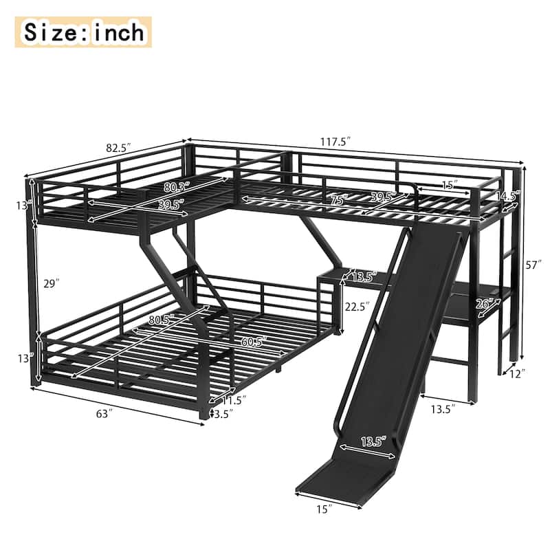 Roomfitters L-Shaped Twin over Queen/Full Metal Triple Bunk Bed with Twin Loft, Slide & USB Ports, Space-Saving Noise-Free Frame