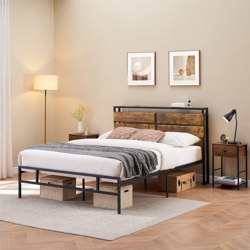 Metal Platform Bed Frame with Storage Wood headboard