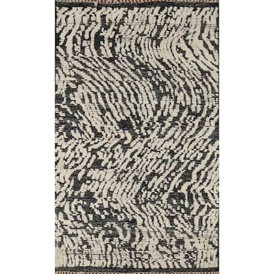 Black & Ivory Moroccan Abstract Area Rug Hand-Knotted Wool Carpet - 4'11"x 8'1"
