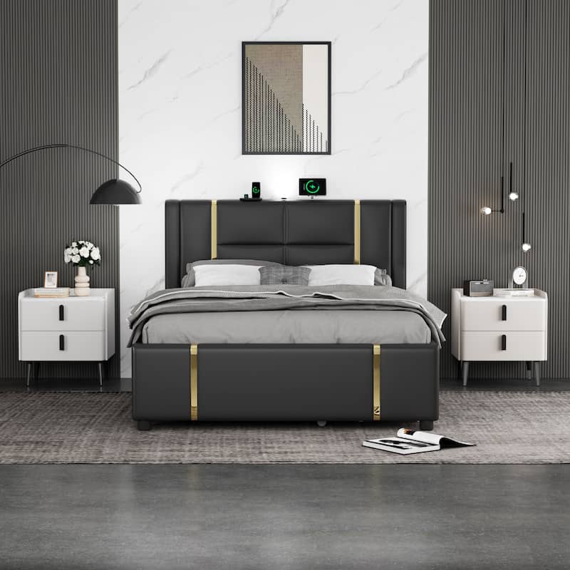 Nightstand with 2 Drawers & Support Legs, Coffee Table with Marble Pattern Tabletop, Large Capacity Sofa Side Table