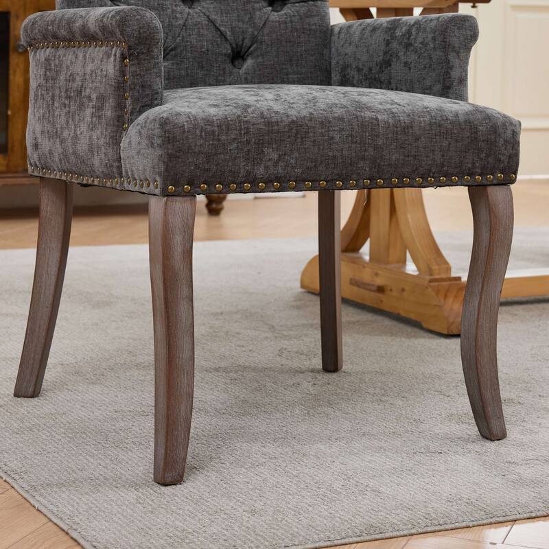 Upholstered Chenille Fabric Accent Dining Chair, Curved Solid Wood Legs, Elegant Tufted Club Dining Room Kitchen Room Arm