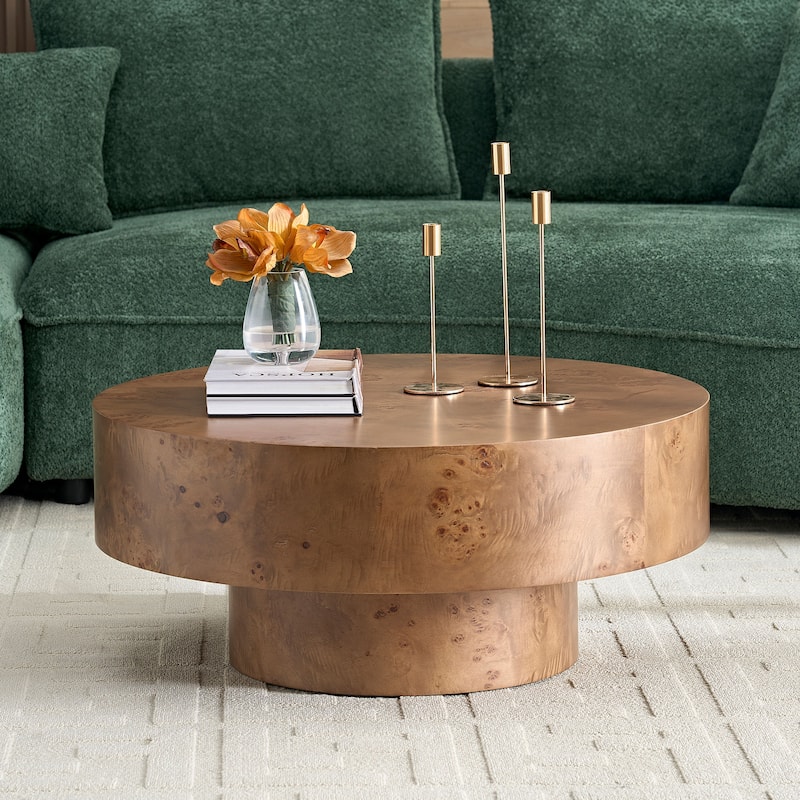 31.49" Round Coffee Table with Burl Wood Veneer, Sturdy Pedestal for Living Room, Modern Low Center Table Accent Cocktail Table