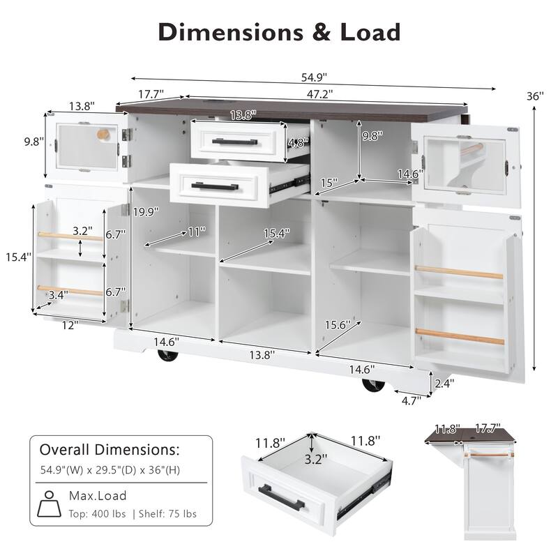 54.9" Farmhouse Kitchen Island with Drop Leaf, Power Outlet, Glass Door, 4 Storage Shelves & Barn Doors on Wheels