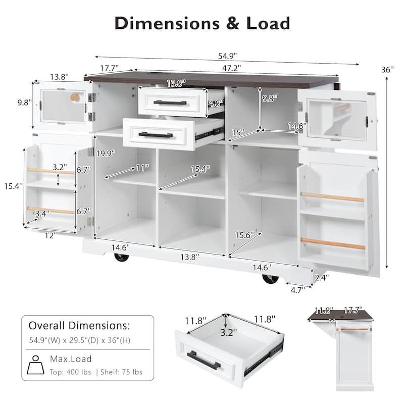 54.9"Kitchen Island with Drop Leaf, 4 Door Shelves, Cross Barn Doors & Visual Glass Door, Rolling Kitchen Island on 4 Wheels