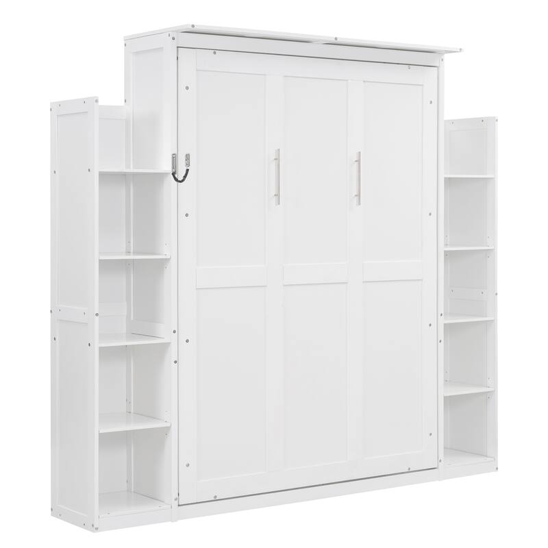 Space-Saving Wall Bed with Shelves, LED Lights, and Mattress Holder, White