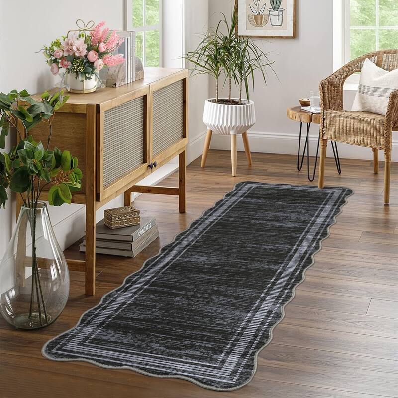 Washable Scalloped Area Rugs, Modern Bordered Living Room Rugs for Bedroom