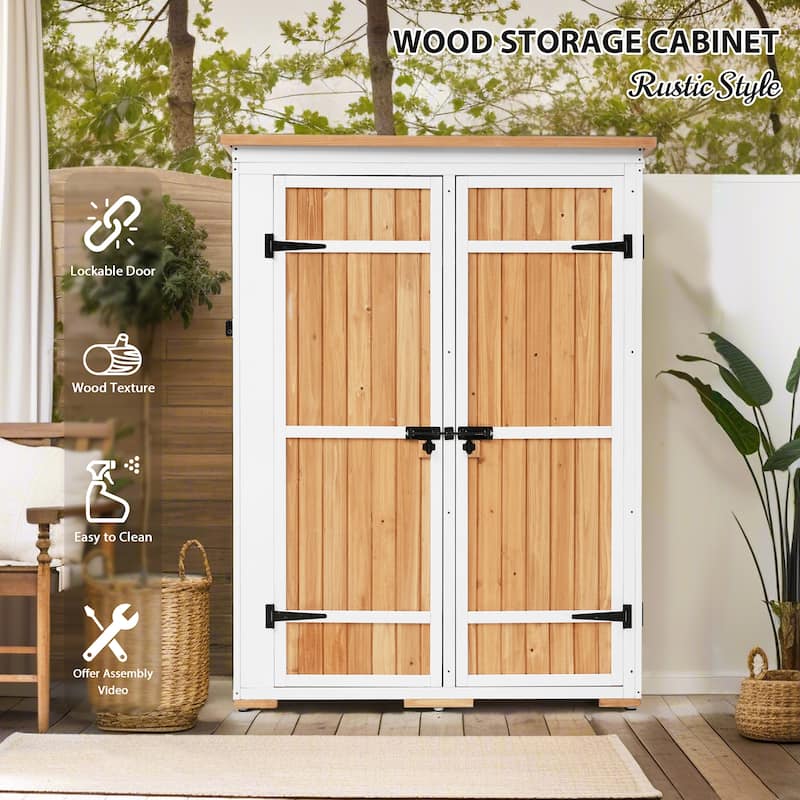Outdoor Wood Storage Shed, Tool Cabinet,Waterproof Roof, 4 Lock Doors - 48.6X25.2X65.7 inch(LXWXH) - Natural Wood
