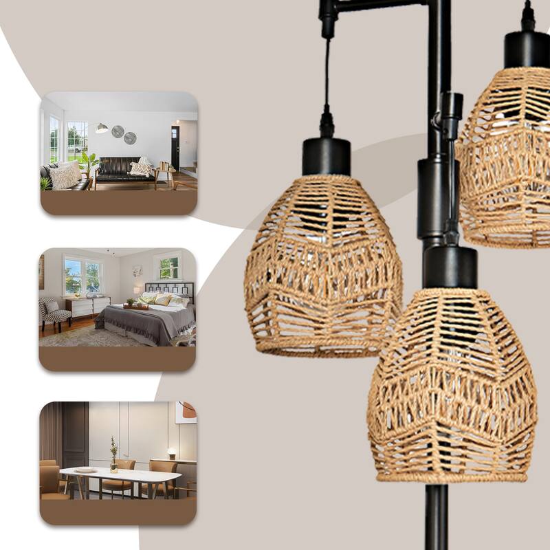 3-Light Woven Rattan Globe Tree Tall Floor Lamp