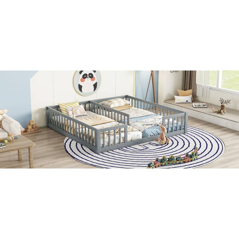 Roomfitters Double Twin Floor Bed Frame with Fence and Guardrails, Low Profile Shared Platform Bed, No Door Design