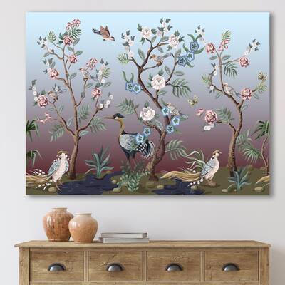 Designart "Chinoiserie With Birds and Peonies XI" Traditional Canvas Wall Art Print