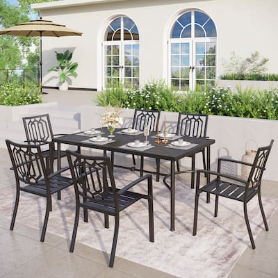 MAISON ARTS 7 PCS Outdoor Patio Dining Set, 6 Steel Combo Dining Chairs and Metal Table with Umbrella Hole