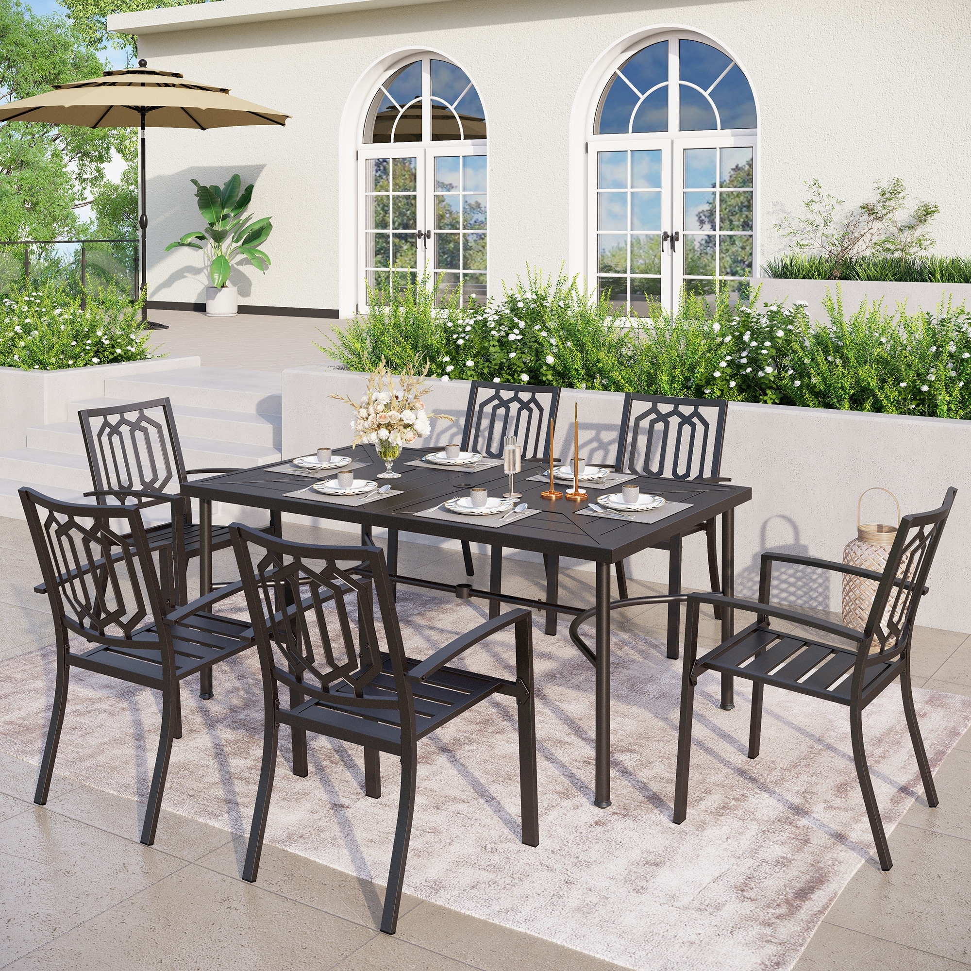 MAISON ARTS 7 Pieces Outdoor Patio Dining Set, 6 Steel Combo Dining Chairs and Metal Table with Umbrella Hole