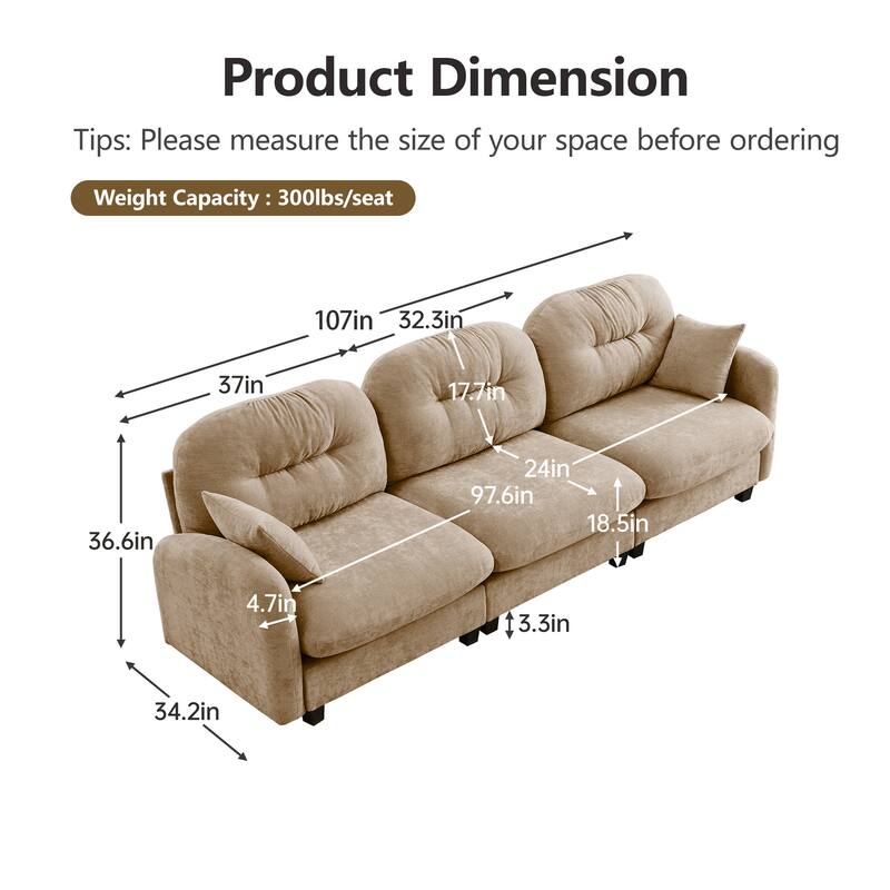 GDF Studio - Bell Modern Chenille Modular 3-Seat Sofa with Ergonomic Tufted Backrest and Wooden Base