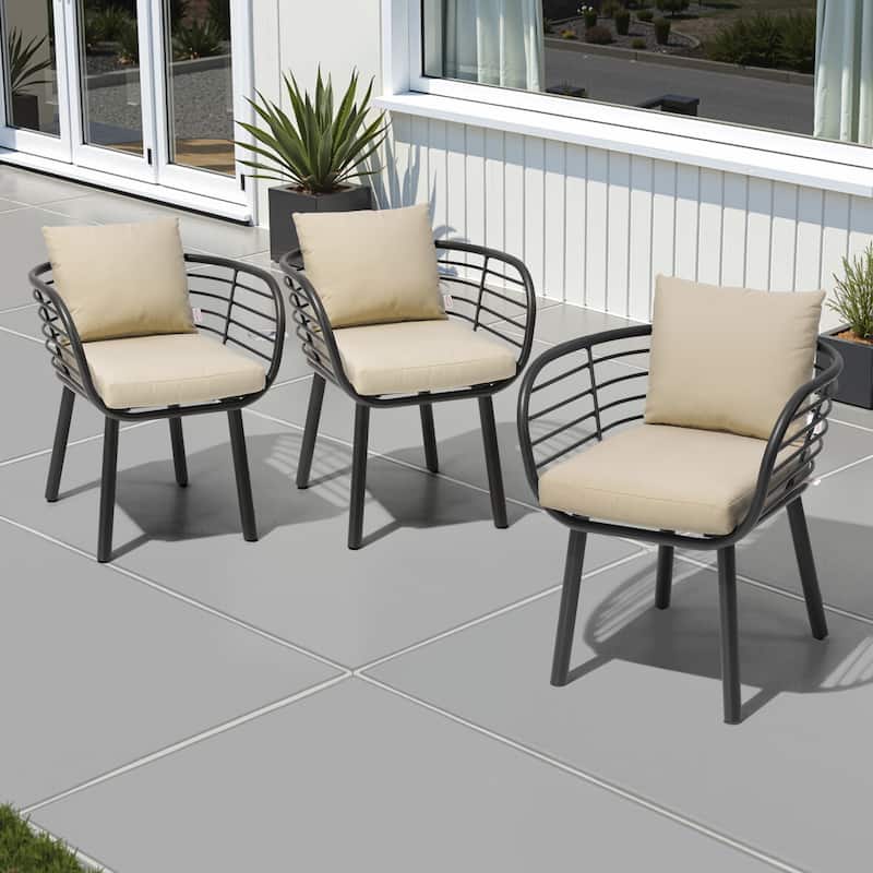 Outdoor Patio Aluminum Dining Chairs with Sunbrella Fabric Cushion - see picture - Canvas Antique Beige - 3PC
