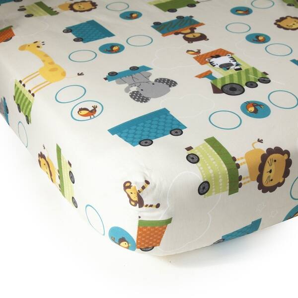 slide 1 of 1, Bedtime Originals Choo Choo Beige Animal Train Baby Fitted Crib Sheet