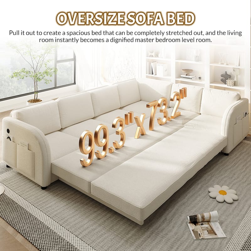 Sectional Sleeper Sofa with Pull Out Bed, Convertible Teddy Fabric Couch with Side Pockets & USB Ports, L Shaped Modular Couches