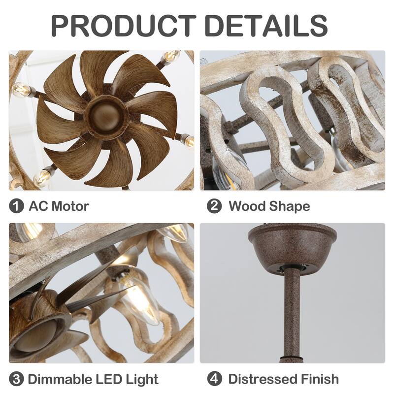 18" Oaks Aura Farmhouse Distressed Wood Caged Ceiling Fan with Lights, 6-Speed Silent Shabby Chic Bladeless Ceiling Fan