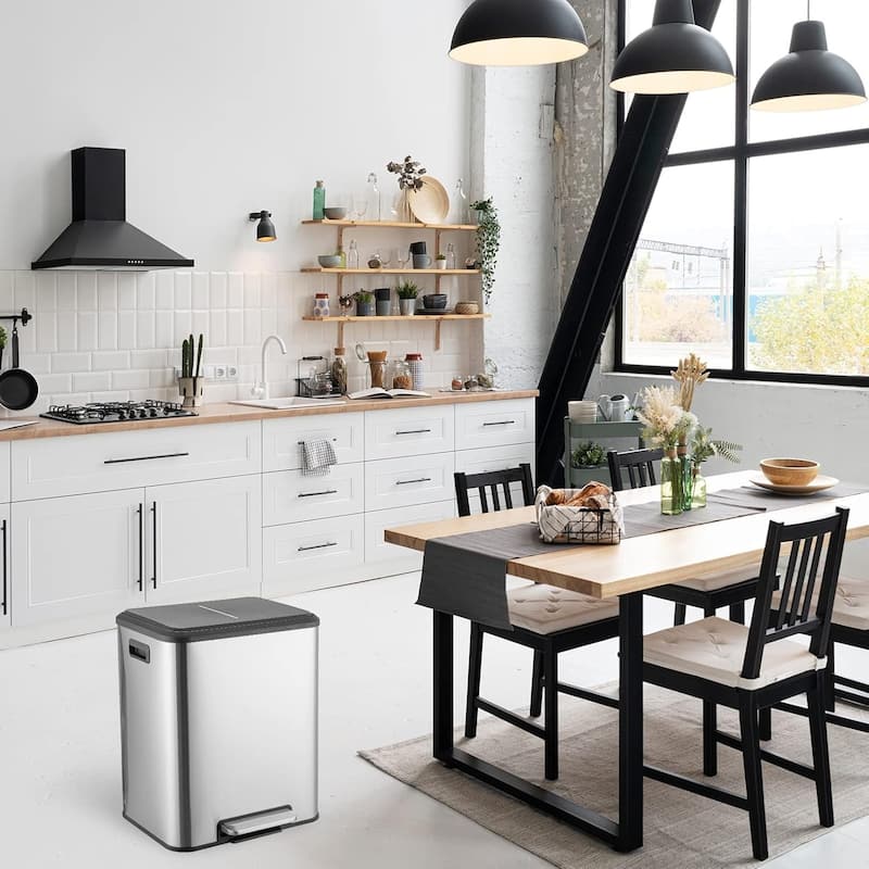 Square Double Compartment Sorting Trash Can 30l (15l+15l), Stainless Steel Kitchen Trash Can With Lid, Foot Pedal, Recycling Bin