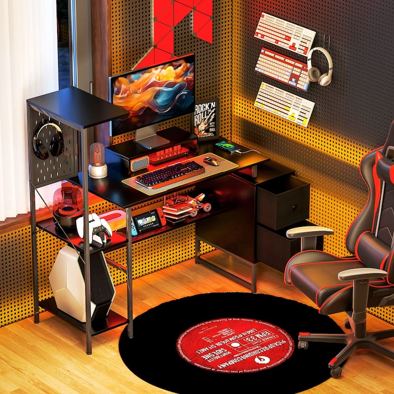 RGB LED Lighted Gaming Desk with USB Charging Ports and Monitor Stand Storage Shelves - Black