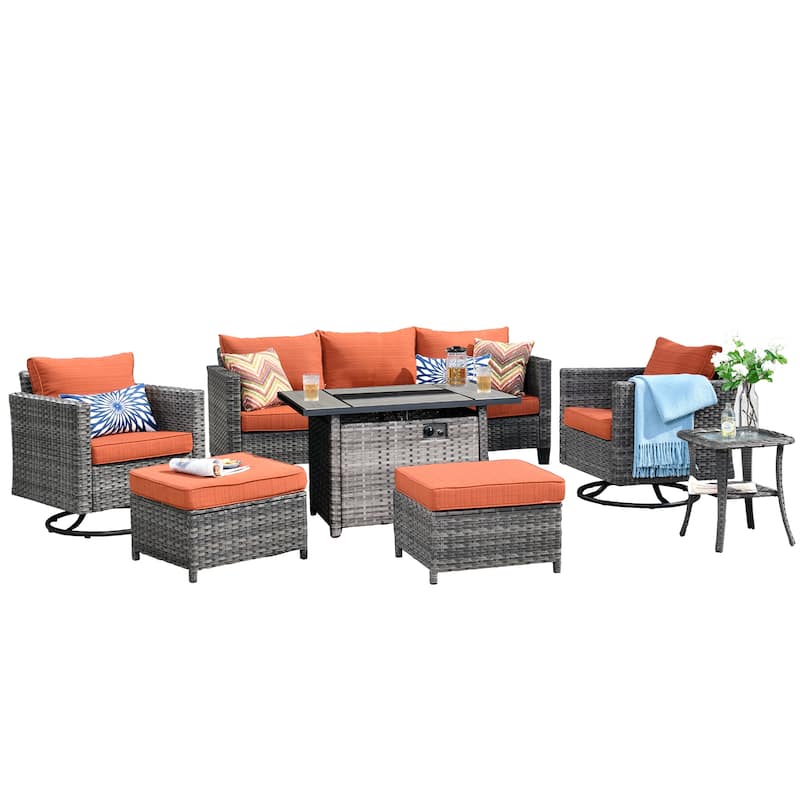 OVIOS 7-piece Wicker Sectional Sofa Swivel Rocking Chair Set With Fire Pit