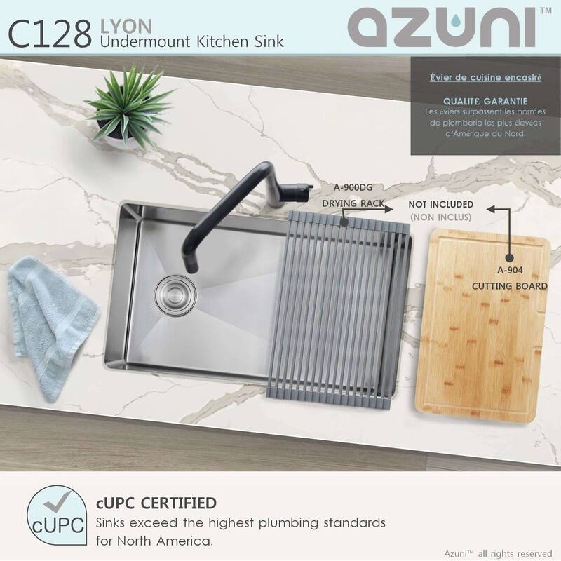 AZUNI 28 inches L x 18 inches W Single Bowl Undermount 16G Reversible Kitchen Sink with Grid and Basket Strainer C128