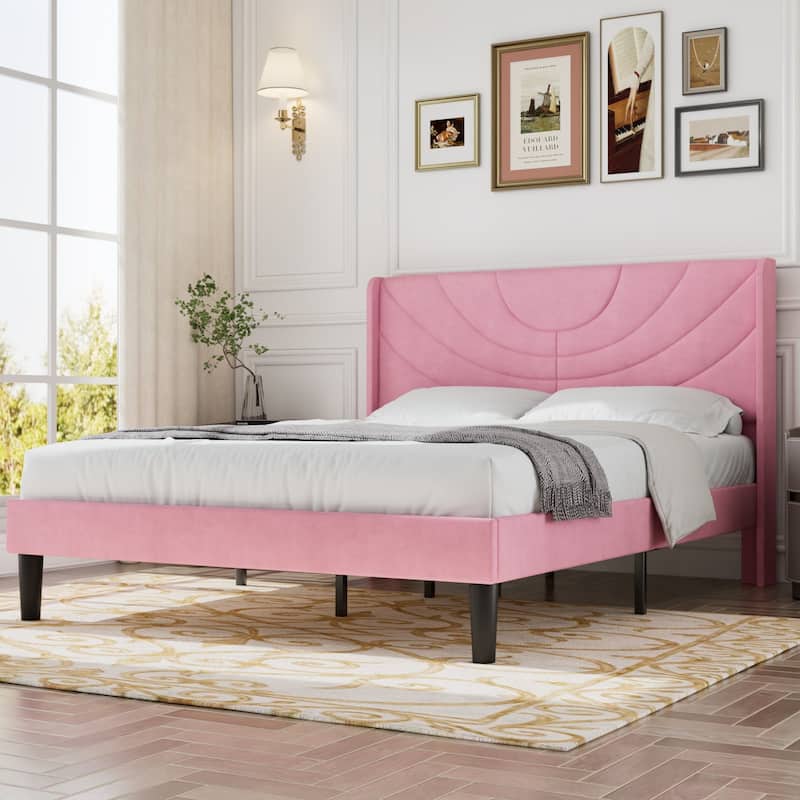 Javlergo Upholstered Bed Frame with Wingback Panel Headboard, No Box Spring Needed