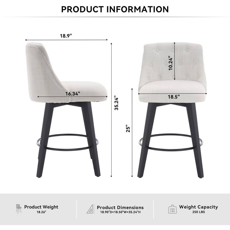 25" Swivel Bar Stools Set Of 2-Modern Counter Height Stools With Linen Upholstery&Button Tufted Back