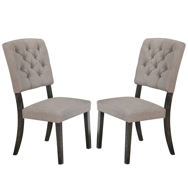 Set of 2 Side Chairs with Fabric Padded Seat and Back, Beige and Weathered Gray Oak - Antique Gray+Beige