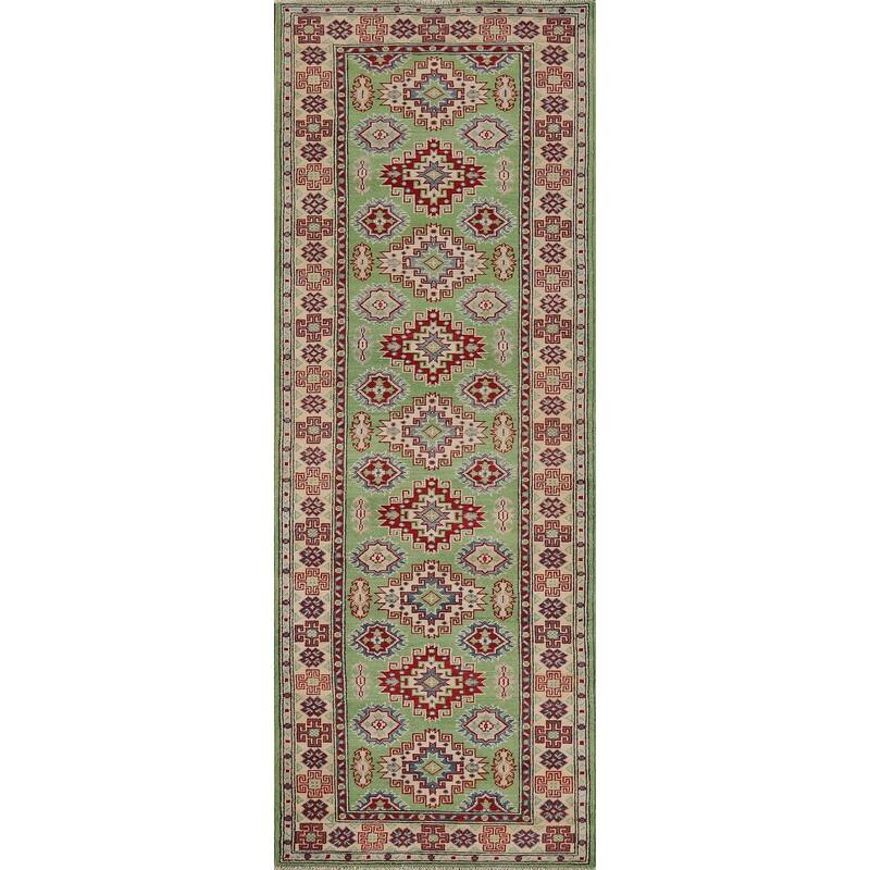 Light Green Kazak Oriental Runner Rug Hand-Knotted Wool Carpet - 2'9" x 9'7"