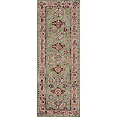 Light Green Kazak Oriental Runner Rug Hand-Knotted Wool Carpet - 2'9" x 9'7"