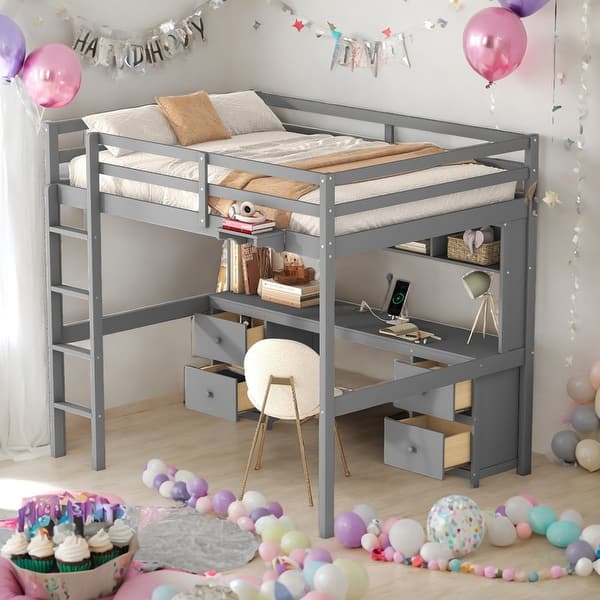 slide 2 of 34, Full Size Loft Bed With Desk,Cabinets,Bedside Tray,Charging Station