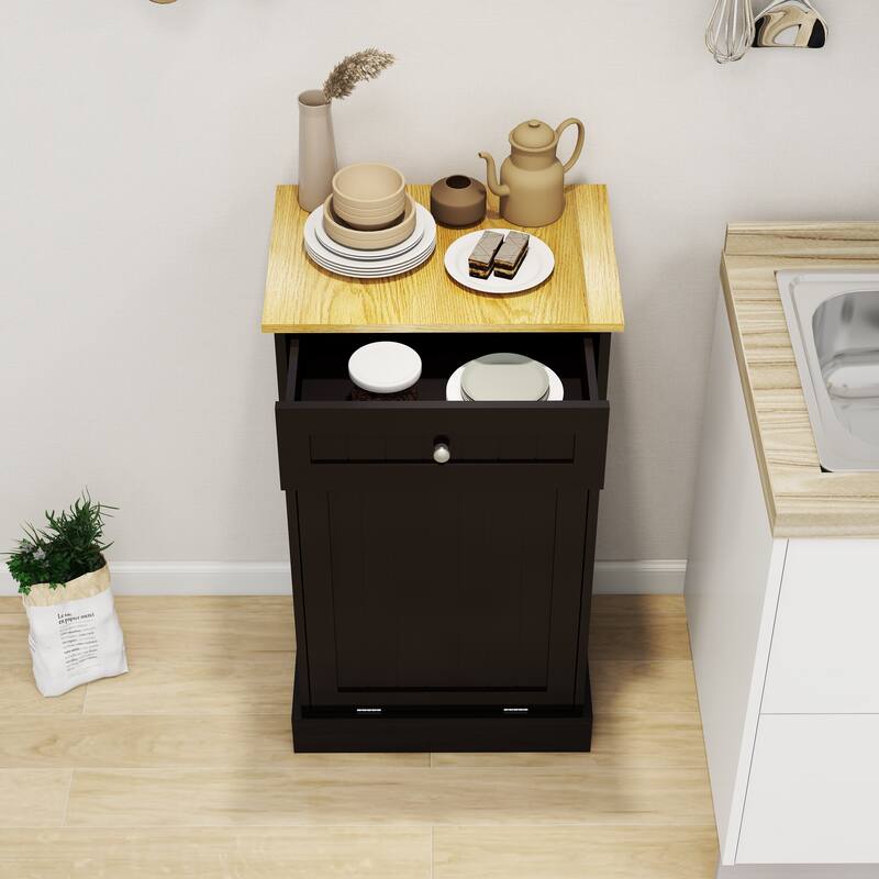 Anmytek 10-Gallon Woodgrain Tilt-Out Trash Can Cabinet with Wave-Textured Drawer for Kitchen,Bathroom