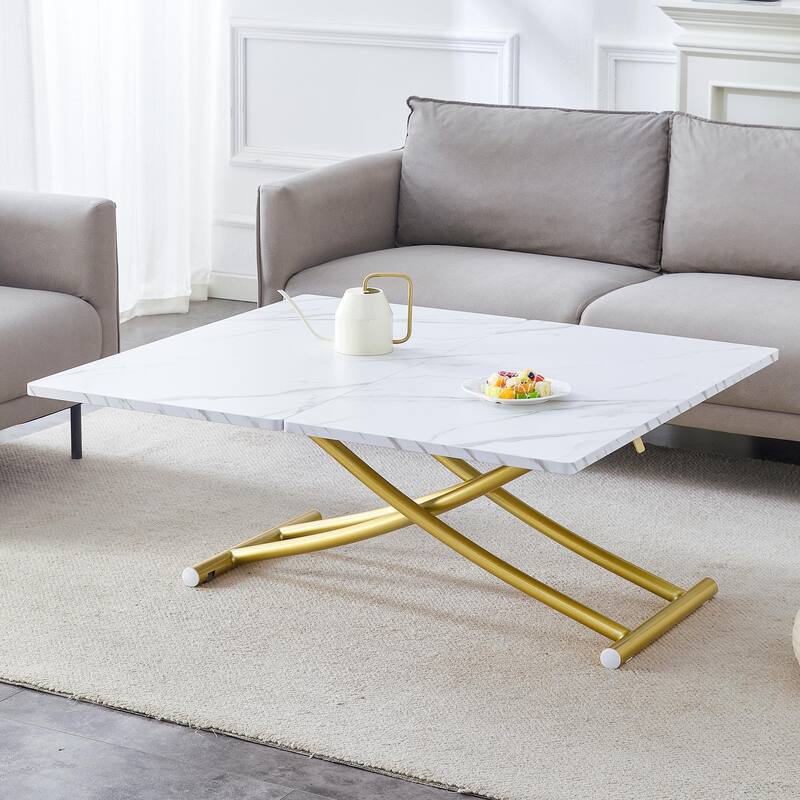 Modern minimalist multifunctional lift table with 0.8 inch thick MDF desktop and golden metal legs,coffee table