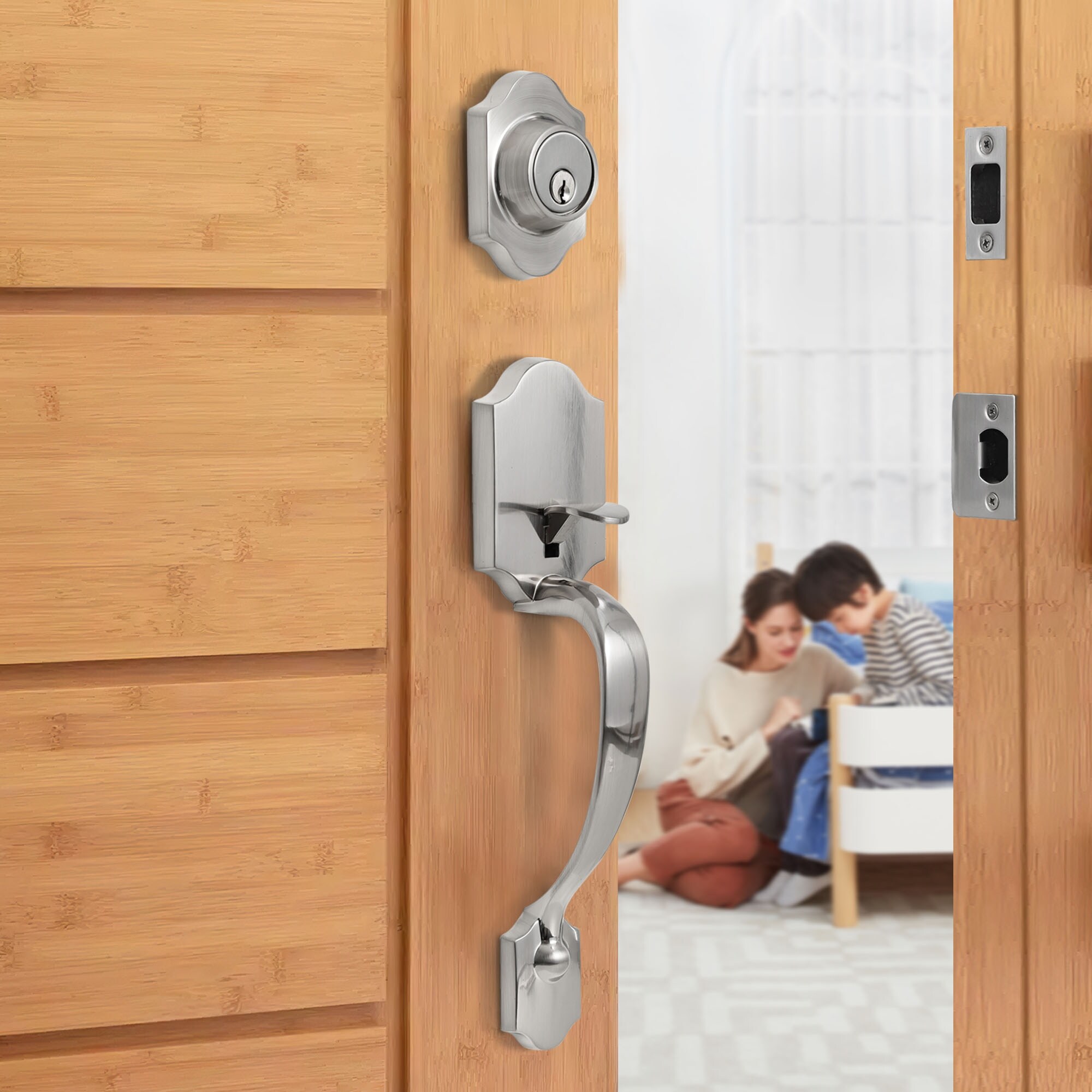 Front Door Satin Nickel Split Hexagonal Handle Door Lock Set